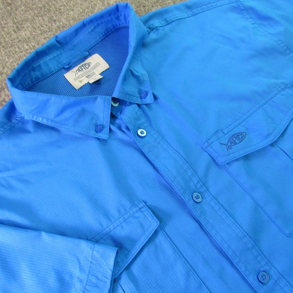 AFTCO Fishing Shirt Mens 2X Blue AFTECH Short Sleeve Vented Button‎ Down Ripstop